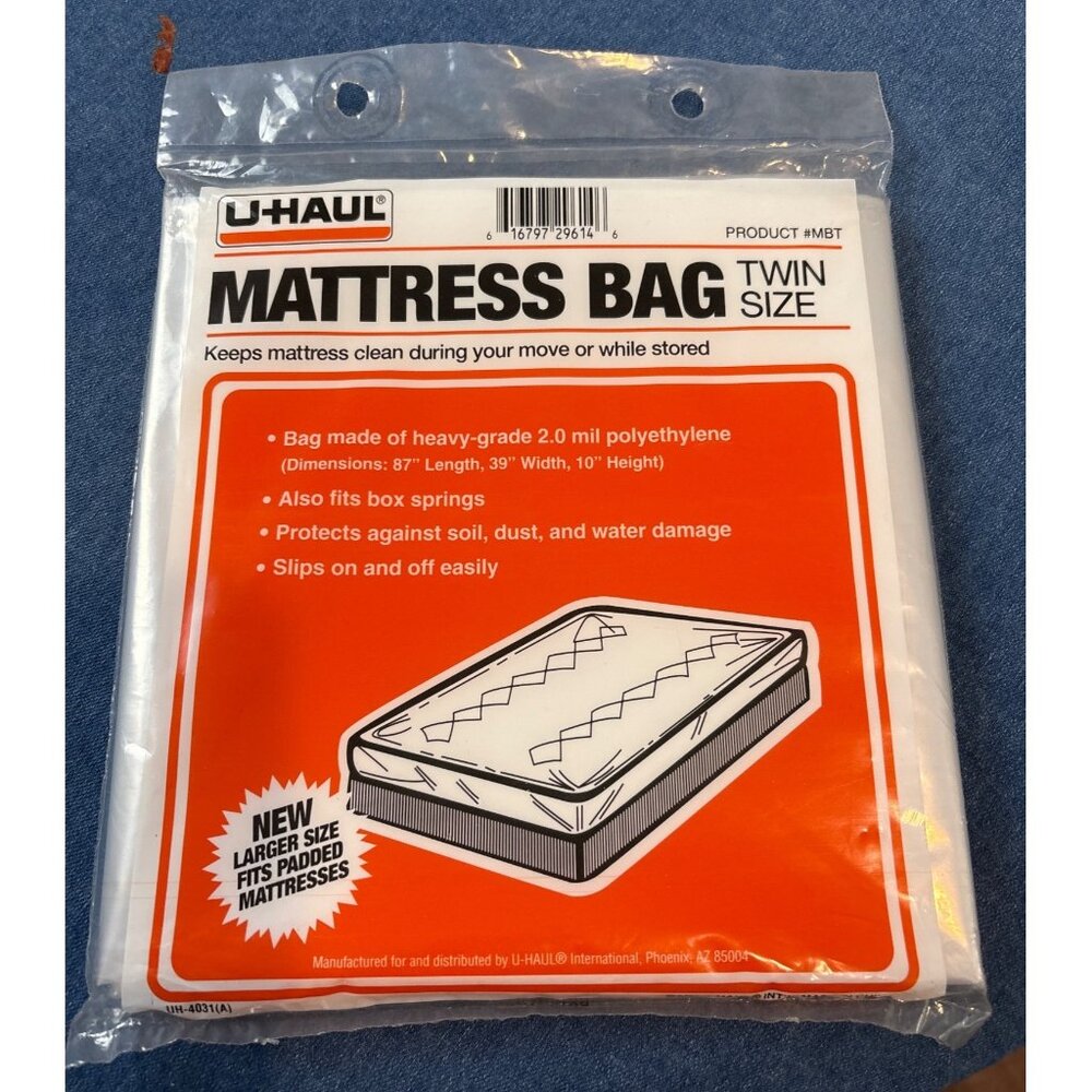 U-Haul Mattress Bag Twin Size Heavy-Grade 2.0 Mil Polyethylene 87" x 39" x 10" P
